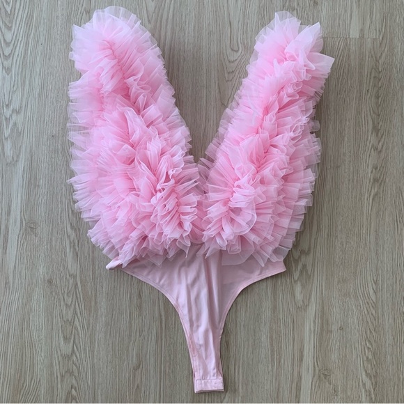 Ruffle tulle plunging neckline bodysuit nwot - Picture 4 of 6